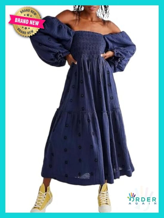 Dresses & Skirts - Bohemian Floral Maxi Dress Square Neck Swing A-Line Long Sleeve Pockets